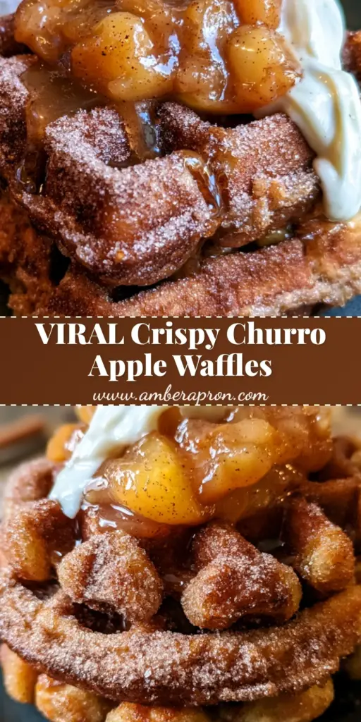 A stack of deep-fried churro apple pie waffles with glossy apple compote and melting vanilla bean cream on a matte charcoal plate.