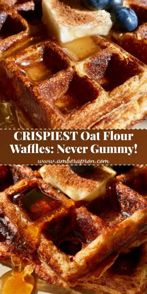 A tall stack of crispy oat flour waffles on a matte ceramic plate, topped with a square of melting salted butter, glistening amber maple syrup, and fresh blueberries. (oat flour waffles)