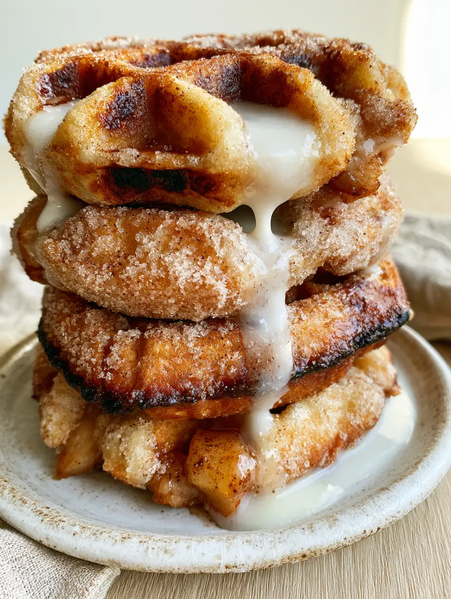 Macro photography showing the charred crispy edges and coarse cinnamon sugar on apple fritter waffle donuts.
