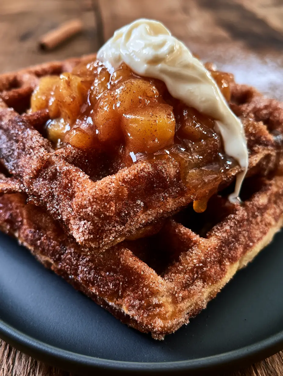 Close-up of deep-fried Belgian waffles showing shimmering cinnamon sugar crystals and deep wells. (churro apple pie waffles)