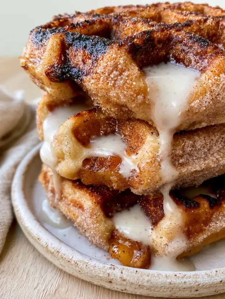 Thick white vanilla bean glaze cascading down the sides of apple fritter waffle donuts.