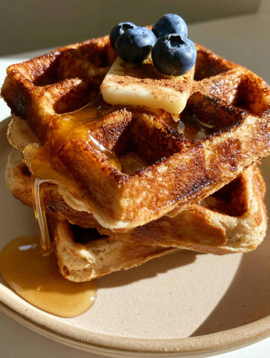 Close-up handheld photo of two thick oat flour waffles with deep ridges and toasted edges, highlighting the crunchy texture. (oat flour waffles)