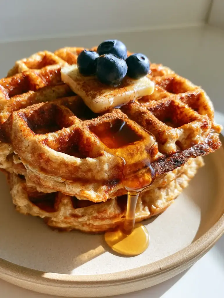 Wide shot of a breakfast setting featuring oat flour waffles with steam wisps, maple syrup mid-drip, and soft morning sunlight. (oat flour waffles)