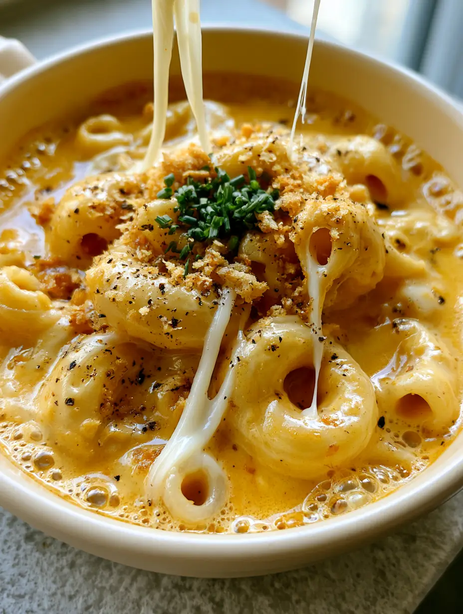 Extreme close-up of velvety golden one pot mac and cheese with thin mozzarella strings.