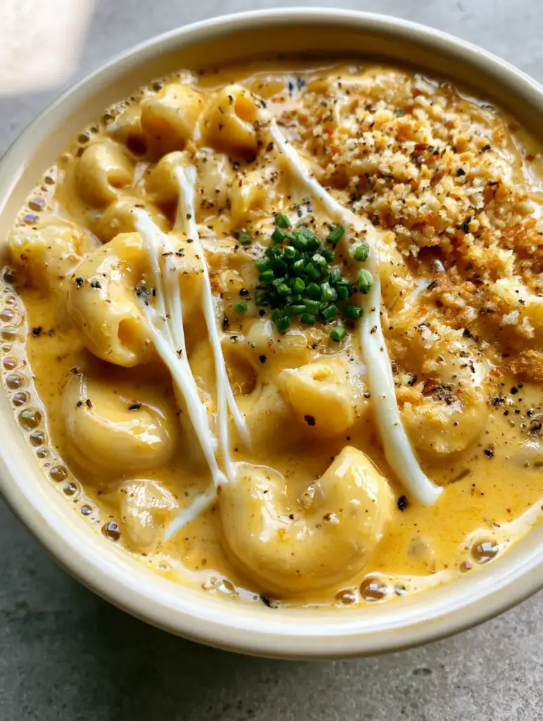 Top-down view of one pot mac and cheese in a cream pot with toasted panko and fresh chives.
