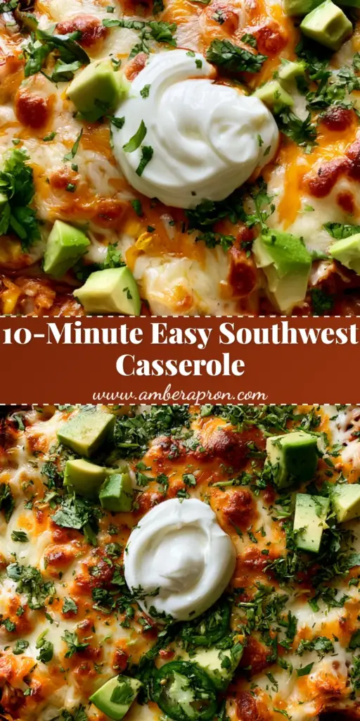 A top-down view of a Southwest Chicken Casserole in a white dish, featuring bubbly melted cheese, avocado cubes, and a lime crema swirl.