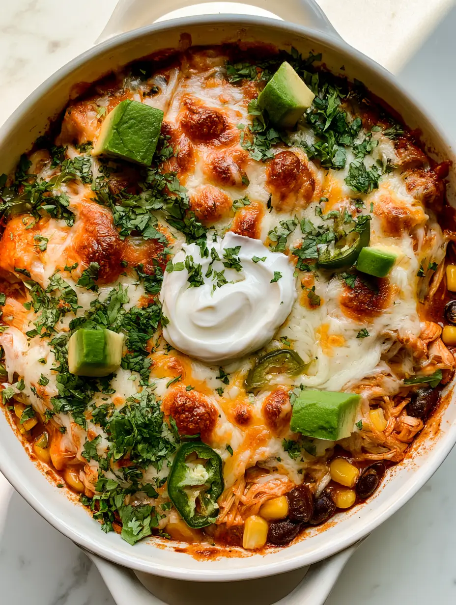 Overhead shot of Southwest Chicken Casserole with golden toasted cheddar bubbles and fresh cilantro.