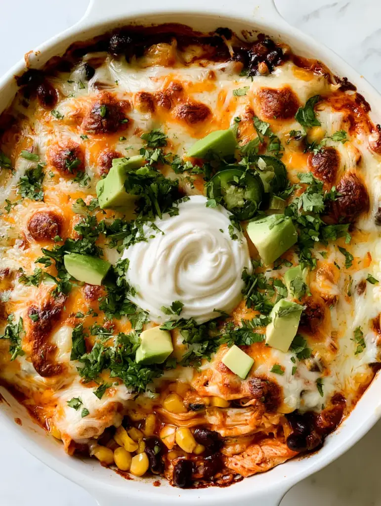 Close-up of Southwest Chicken Casserole highlighting the succulent shredded chicken and glossy red enchilada sauce.