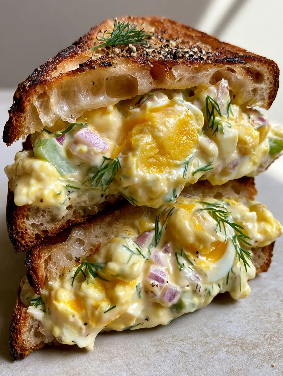 Macro view of egg salad sandwich showing vibrant yellow yolks, ruby red onions, and emerald green dill.