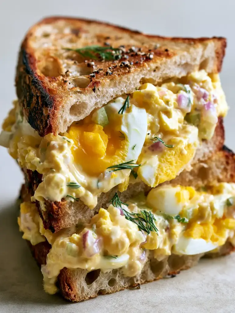 Diagonal slice of an egg salad sandwich on thick-cut toasted sourdough showing the creamy filling oozing at the edges.