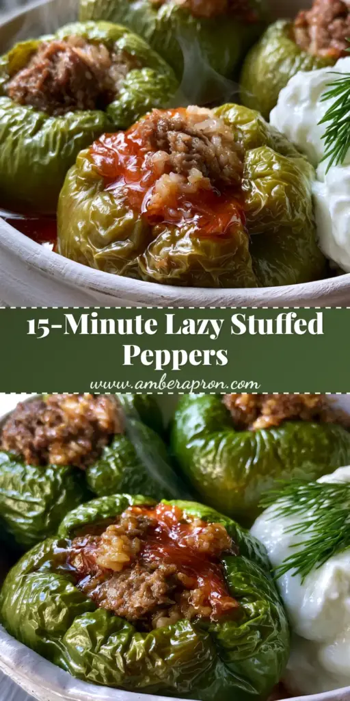 A rustic bowl containing three Turkish Stuffed Peppers glistening with red tomato glaze and topped with Greek yogurt and dill.