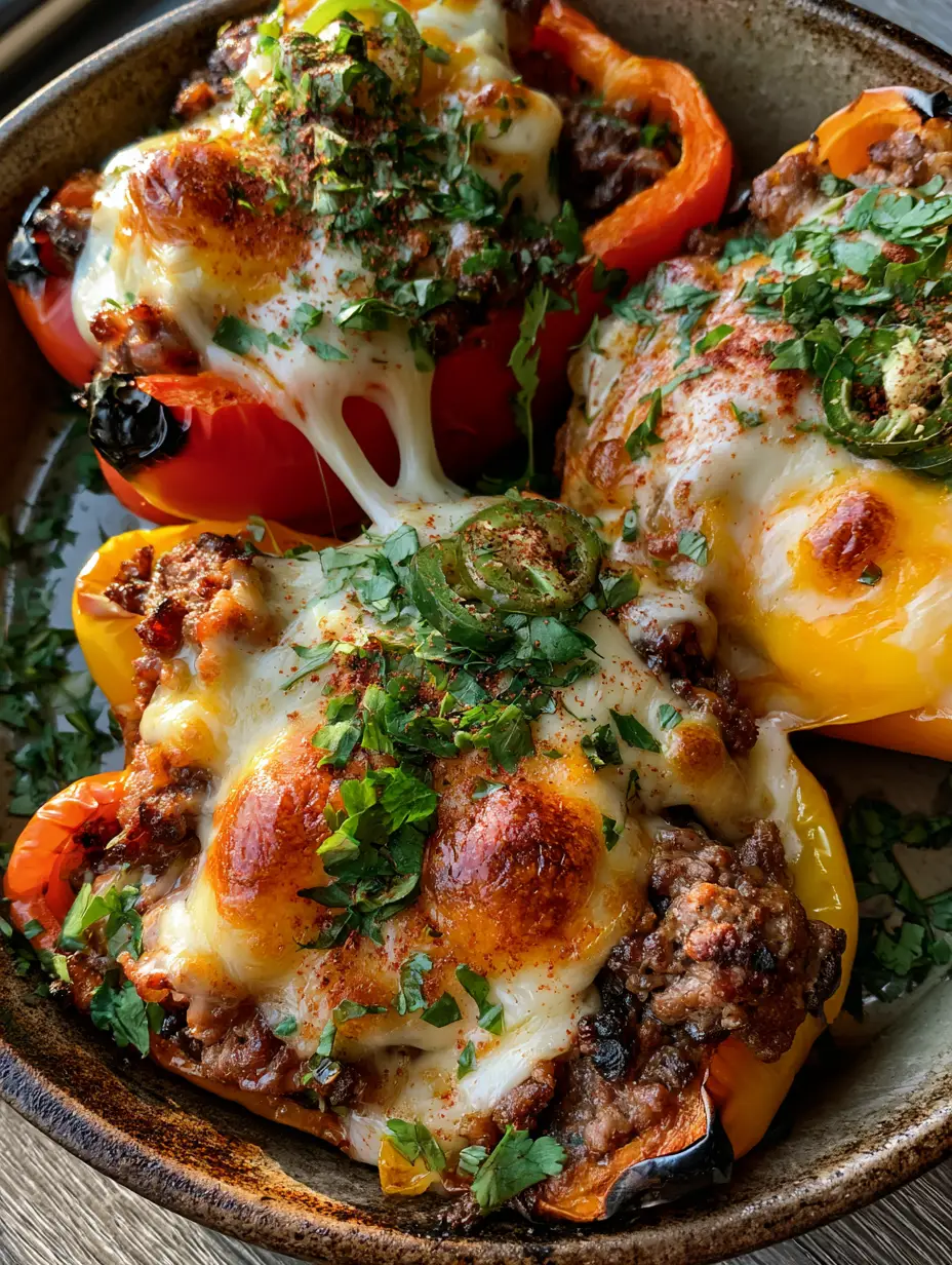 Macro shot of browned ground beef filling inside red and orange peppers with toasted cheese bubbles. (cheesy ground beef stuffed peppers)