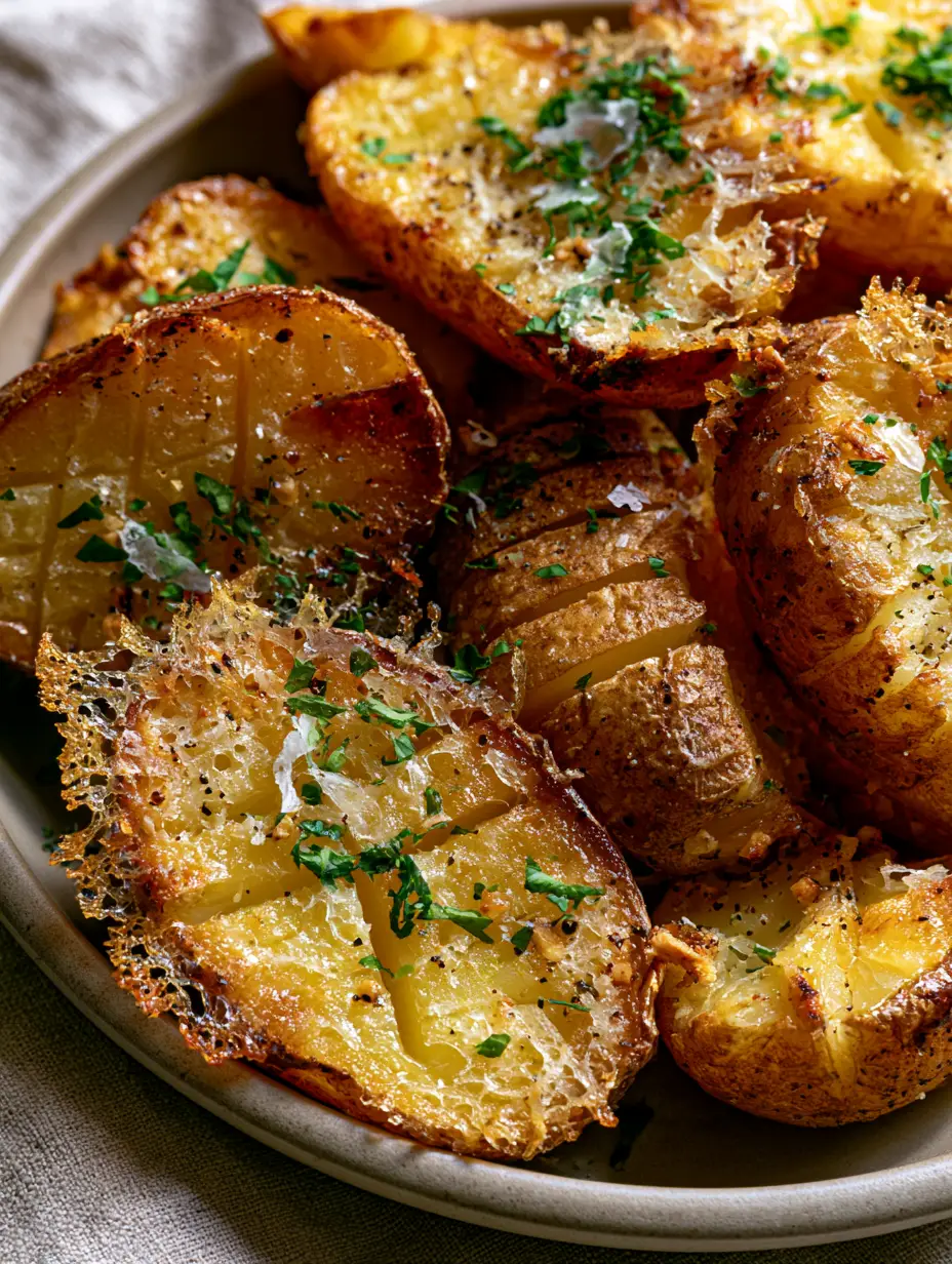 Smartphone photo of crispy Parmesan potatoes showing the deep golden-brown crosshatch scoring and lacy cheese edges. (crispy Parmesan potatoes)