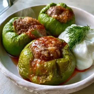 Macro photography of vibrant green Turkish Stuffed Peppers glistening with a rich tomato olive oil glaze. (Turkish Stuffed Peppers)