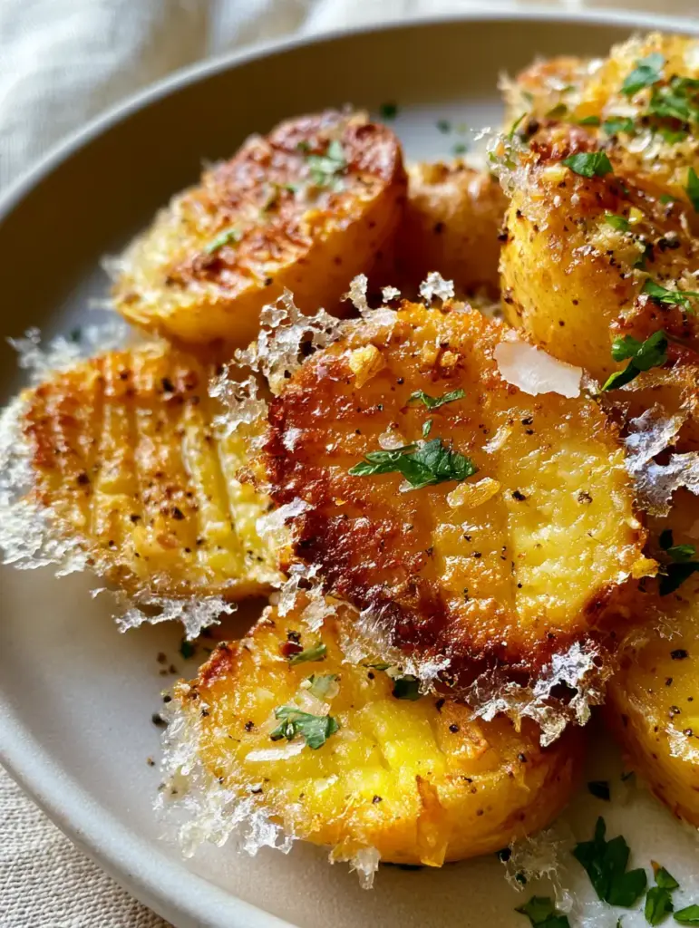 Close-up of the translucent shattered-glass parmesan crust on a roasted potato, emphasizing the craggy topography and garlic specks. (crispy Parmesan potatoes)