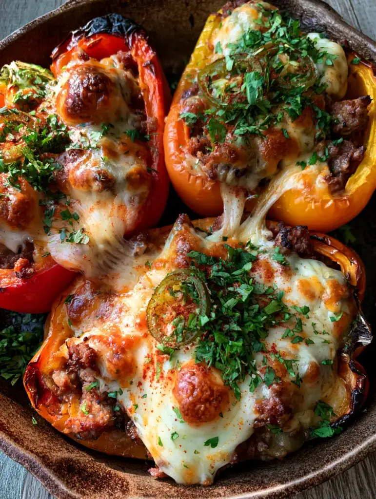 Three colorful bell pepper halves stuffed with beef and cheese, topped with jalapeños and cilantro.