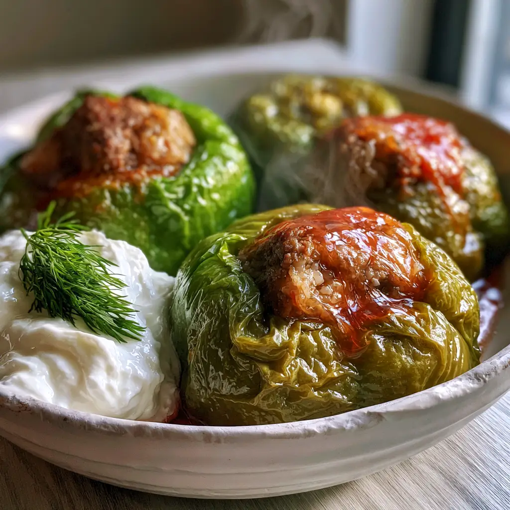 Close-up of stuffed green peppers with visible steam rising and a dollop of Greek yogurt on the side. (Turkish Stuffed Peppers)