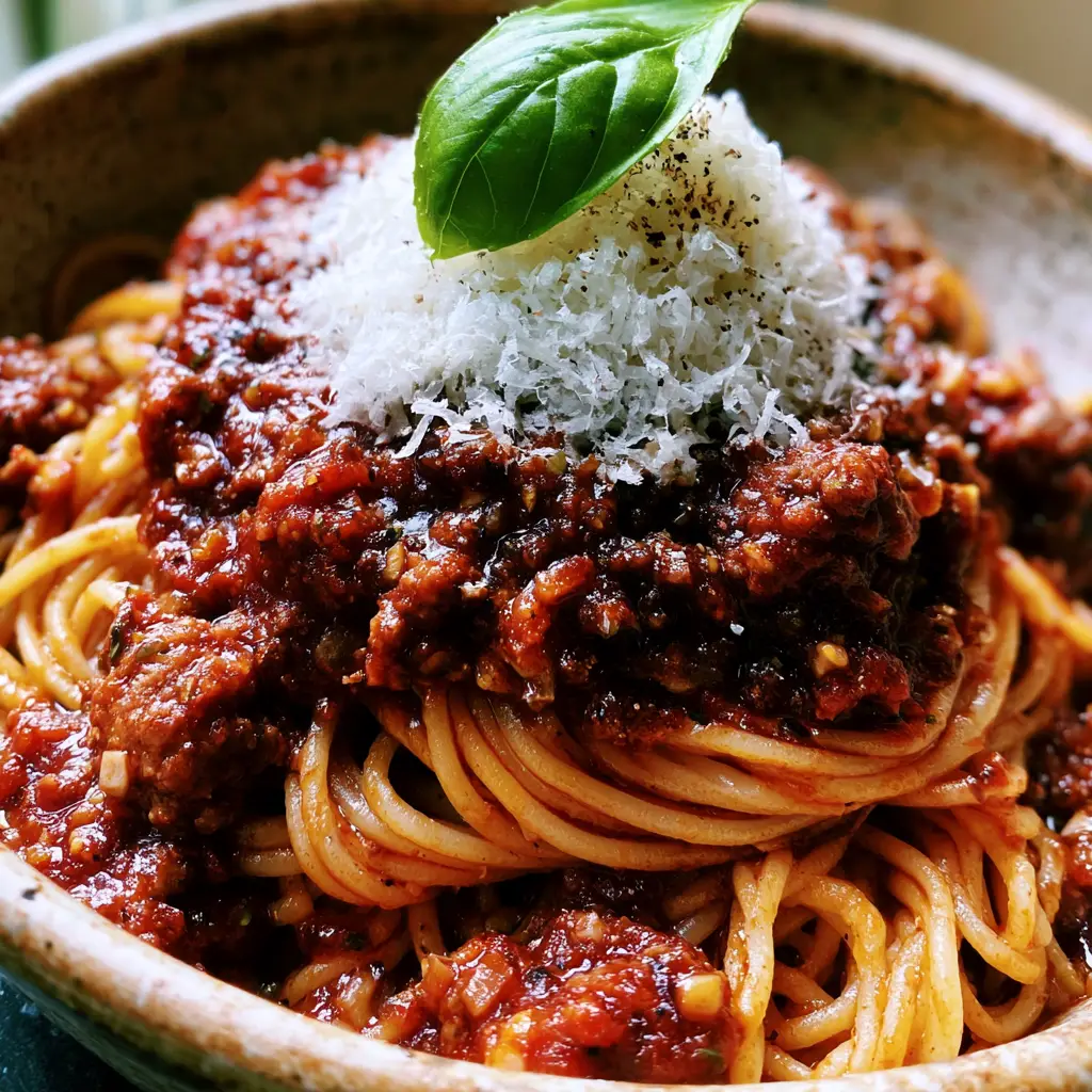 Close up view of the textures in the spaghetti sauce, including minced garlic and oregano flakes.