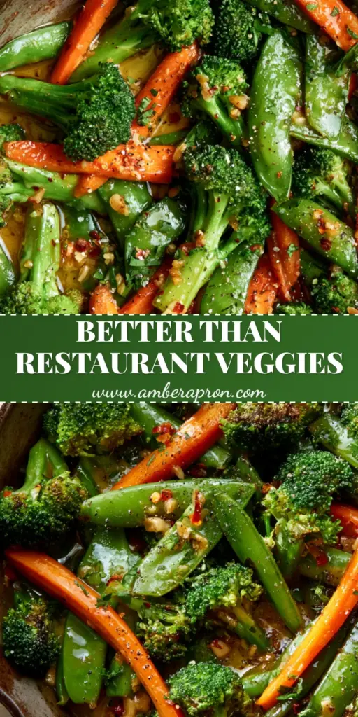 A top-down shot of a cast-iron skillet with garlic butter stir-fried vegetables, featuring seared broccoli and charred snap peas in a golden sauce.