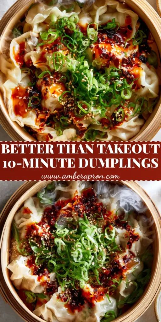 A top-down view of a bamboo steamer filled with glistening pork Steamed Dumplings, pleated skins showing a hint of filling, topped with red chili oil and green scallions.
