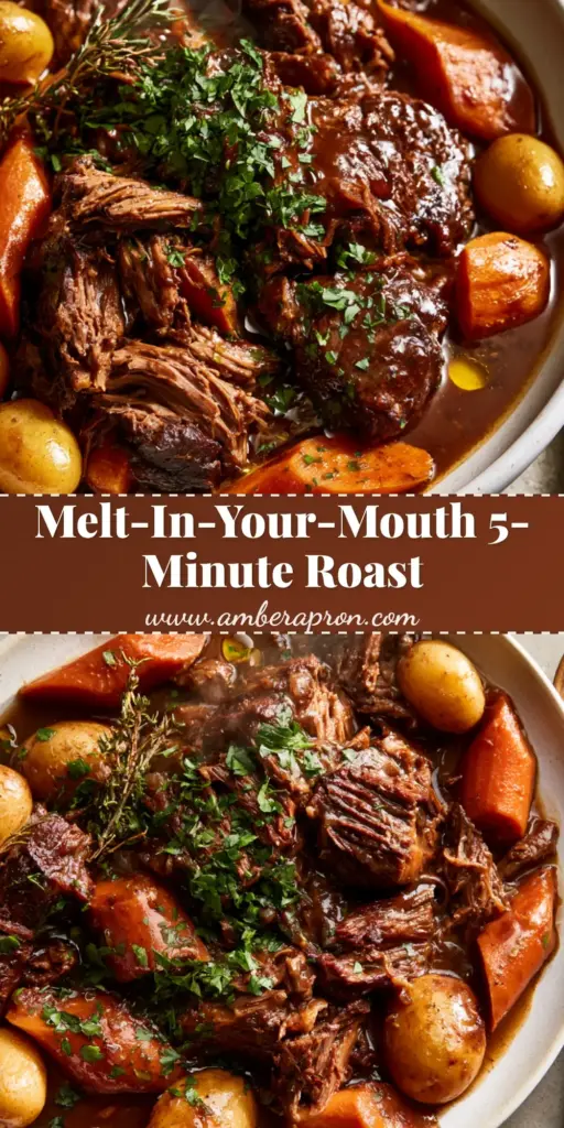A rustic platter featuring shredded fork-tender beef, baby gold potatoes, and diagonal-cut carrots in a glossy brown onion gravy. (Classic Pot Roast Recipe)