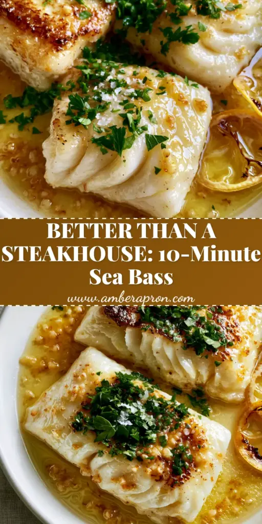 Top-down view of two seared Chilean sea bass fillets in a white pan with garlic butter and charred lemons. (chilean sea bass recipe)