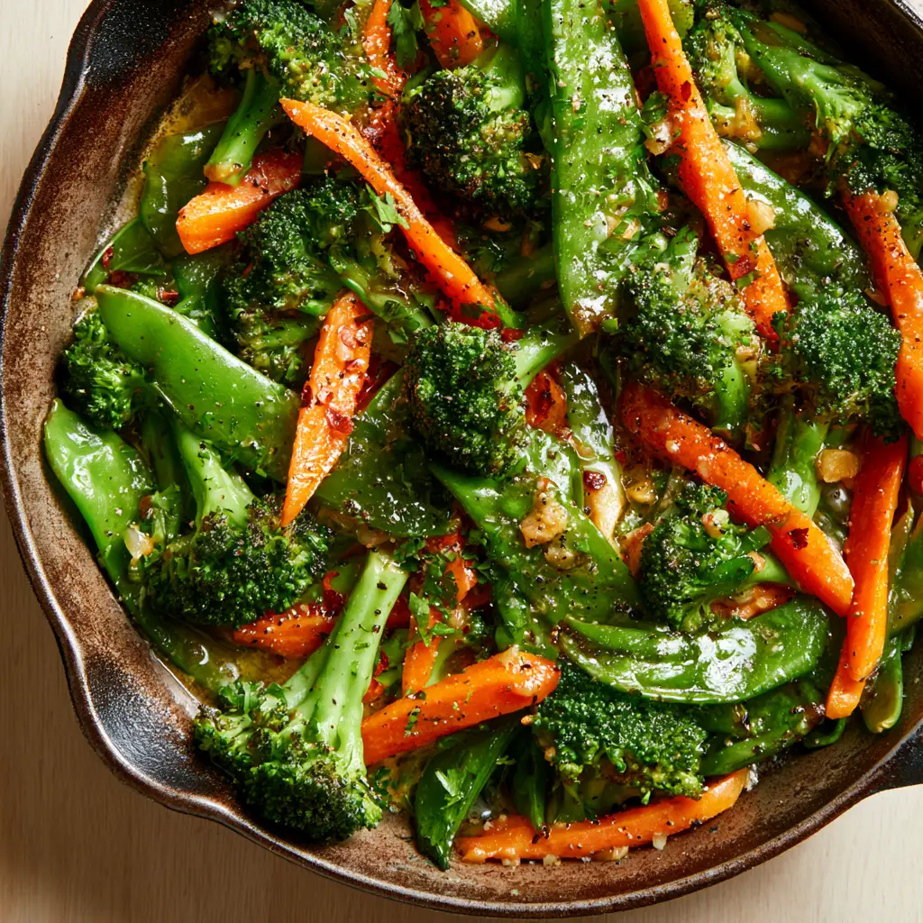 Glistening garlic butter stir-fried vegetables with red pepper flakes and fresh parsley garnish.