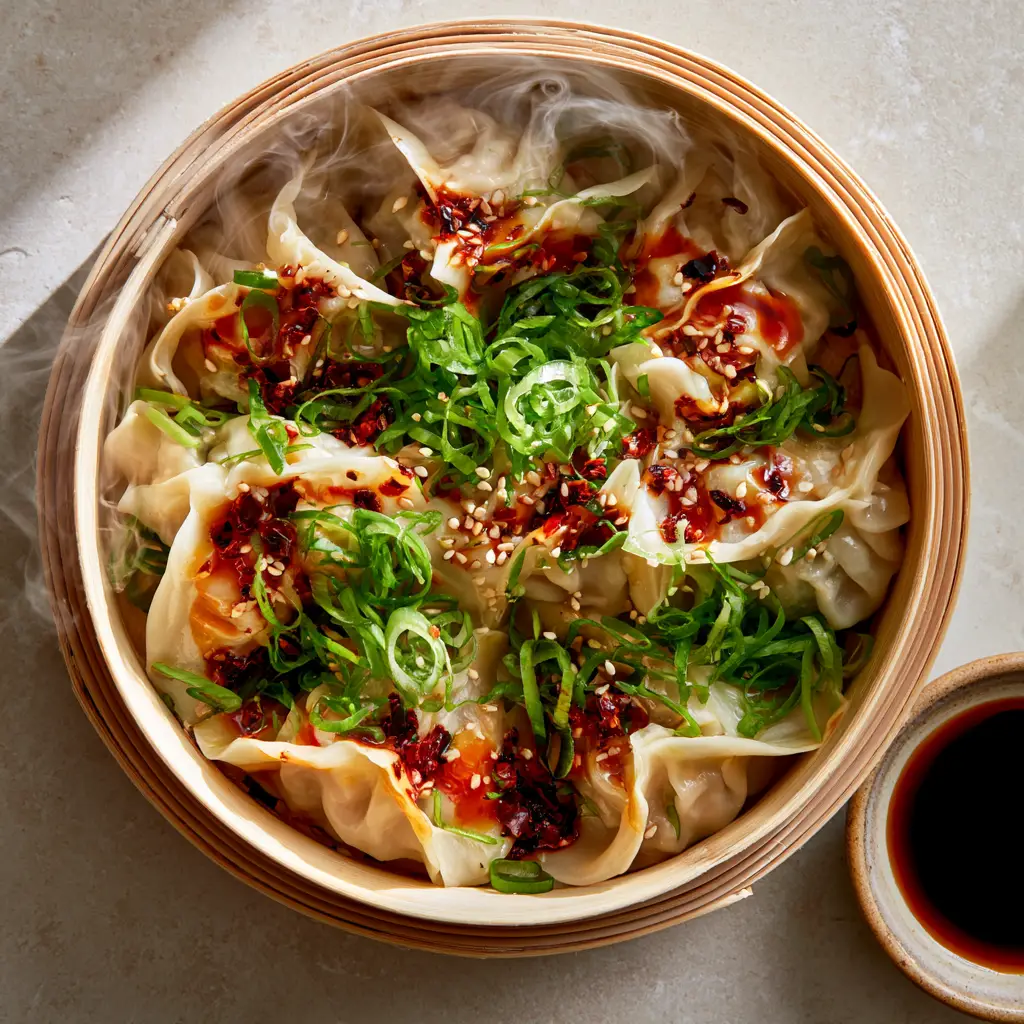 Semi-translucent Steamed Dumplings glistening with red chili oil and garnished with sesame seeds and scallions next to a dark soy dipping sauce.