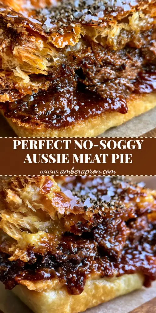 A halved Australian meat pie showing shattered golden puff pastry layers, mahogany beef gravy, and a crisp shortcrust base. (Australian meat pie)