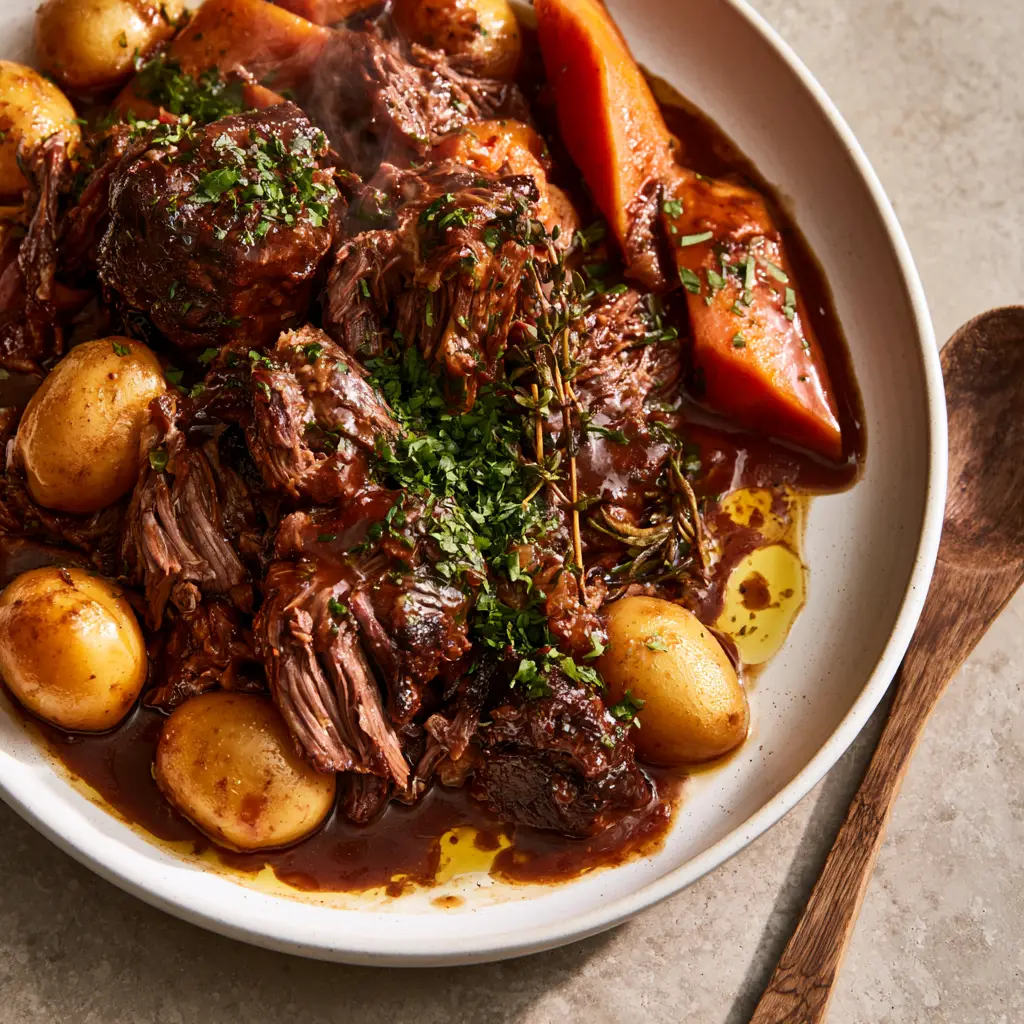 Rustic ceramic platter filled with pot roast, carrots, and baby gold potatoes garnished with parsley and rosemary.