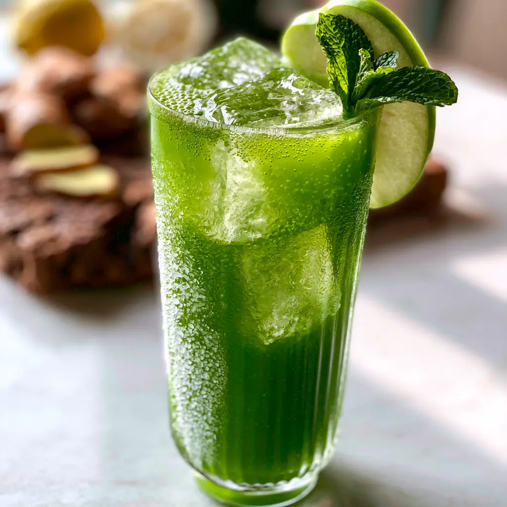 Tall ribbed glass of translucent emerald green juice with micro-bubbles and condensation droplets, showcasing high-quality juice recipes.