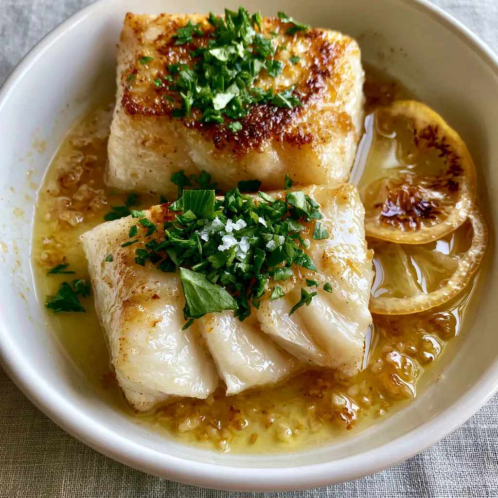 Glistening white sea bass flakes bathed in garlic butter and topped with parsley and Maldon salt.