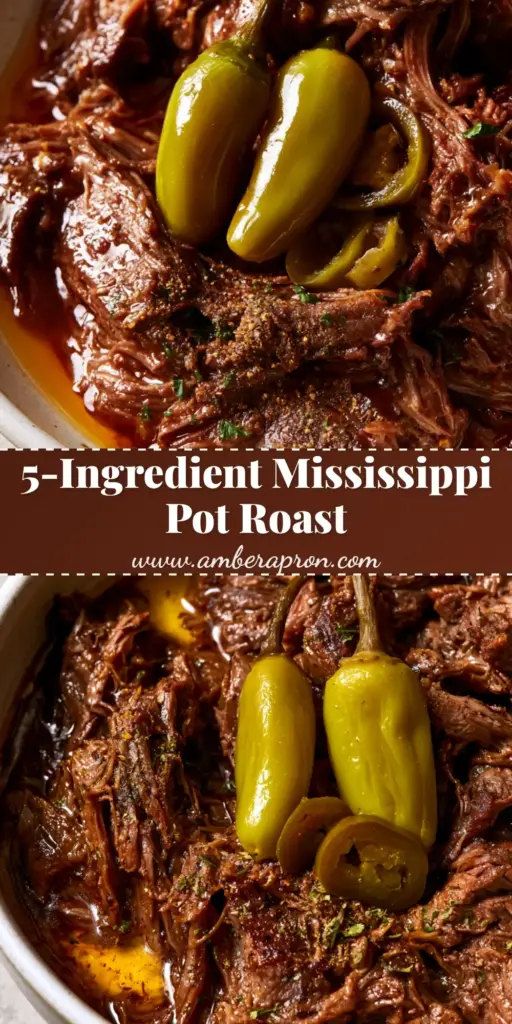 A vertical Pinterest pin showing a close-up of shredded mississippi pot roast with green pepperoncini and rich brown gravy in a white bowl.