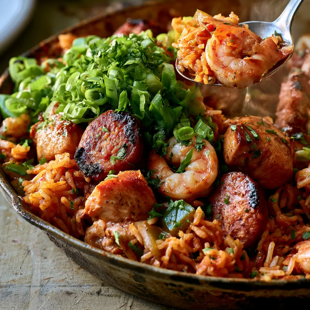 Close-up of charred andouille sausage and succulent shrimp atop a bed of Jambalaya rice. (Jambalaya recipe)