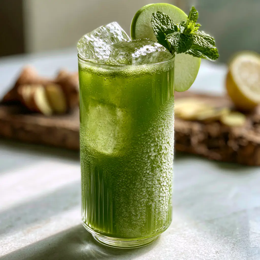 A refreshing glass of green juice with an apple slice garnish and mint sprig, a staple for healthy juice recipes.