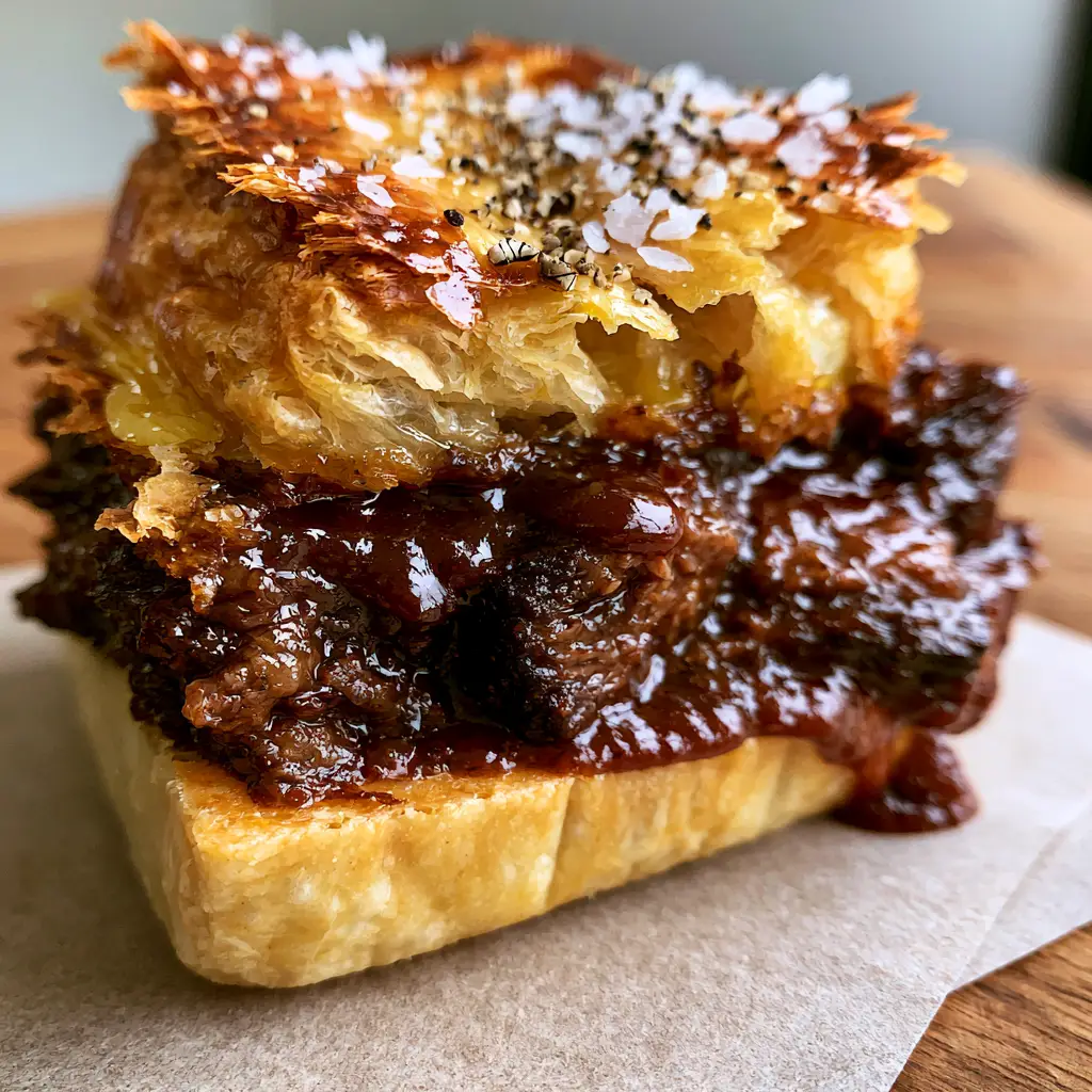 Detailed view of the thick mahogany beef gravy and tender chunks of beef inside an Australian meat pie.