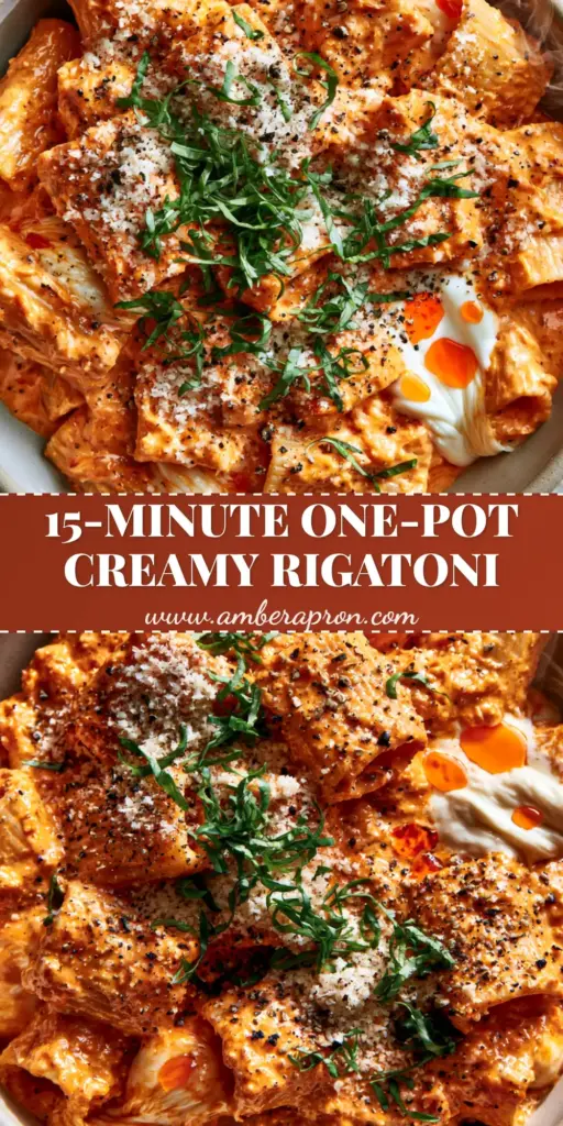 A vertical shot of creamy tomato rigatoni with heavy cream swirls, melted mozzarella, and fresh basil, perfect for Pinterest. (creamy tomato rigatoni)