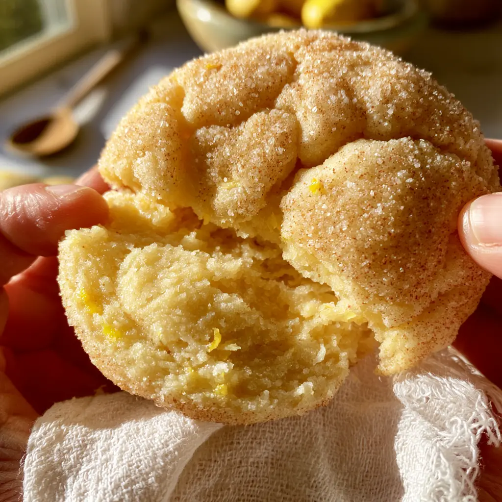 Close-up of sparkling sugar crystals and fresh lemon zest flecks on a Lemon Snickerdoodle cookie.