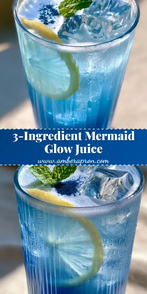 A tall ribbed glass of ombre blue superfood juice with clear ice, mint garnish, and a lemon slice. (blue superfood juice)