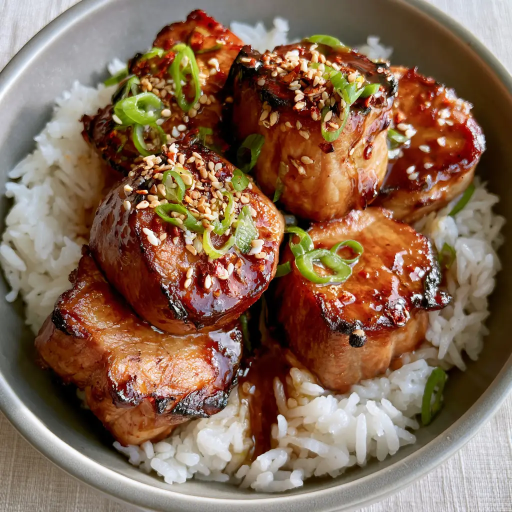 Close-up of succulent pork medallions with sesame seeds and green scallions on a grey ceramic bowl.