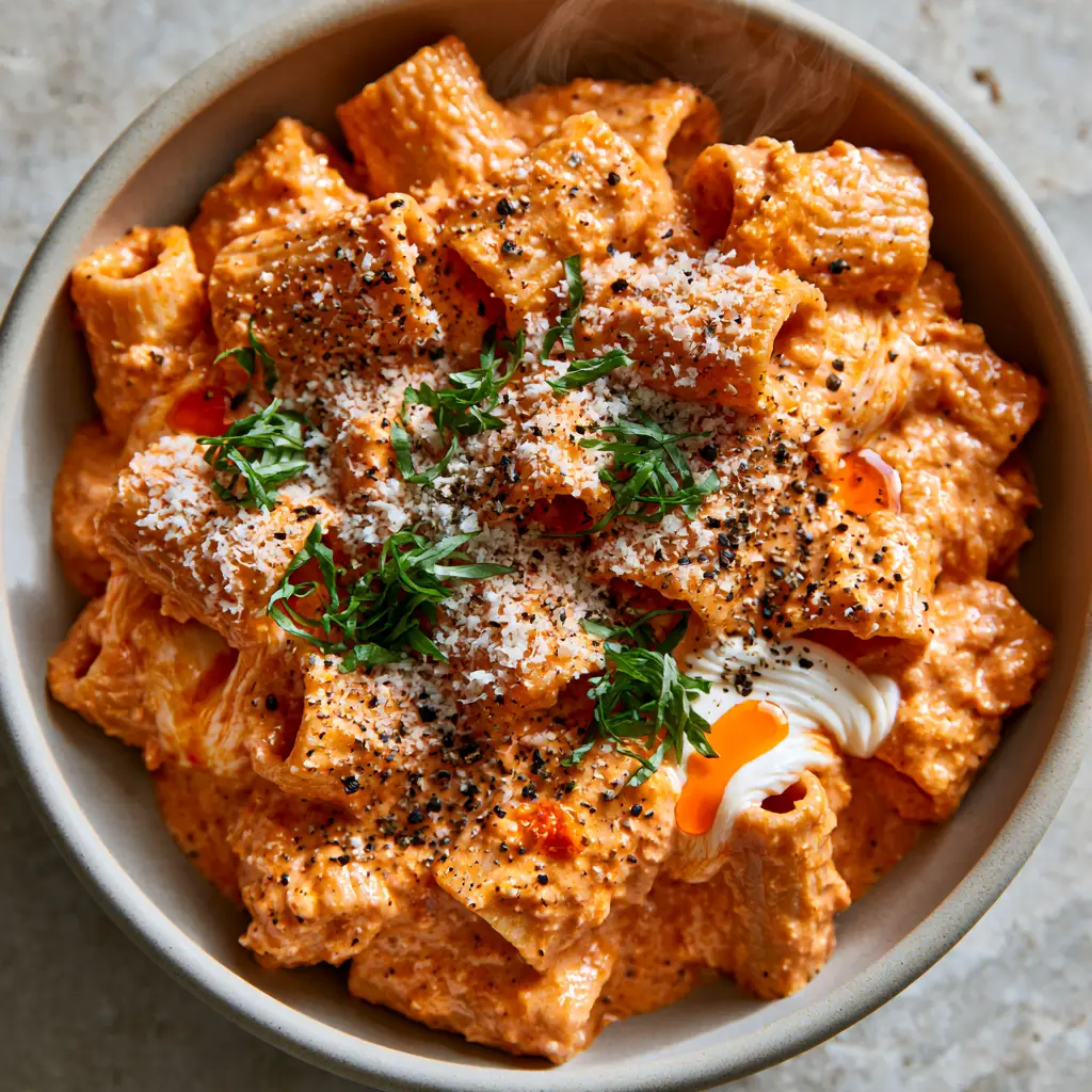 Close up of melted mozzarella cheese pulls between rigatoni pasta ridges with droplets of chili oil.