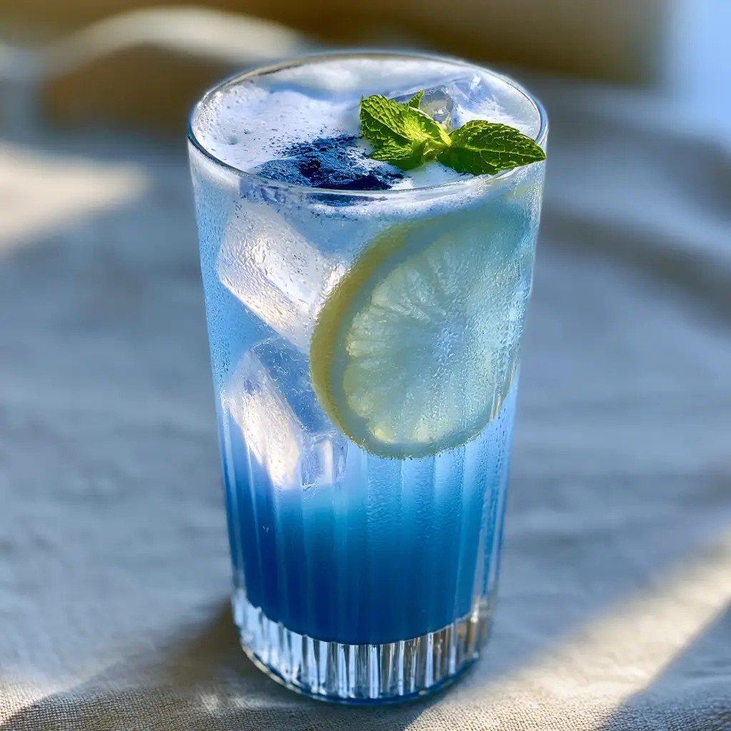 A vertical photo showing a sweating glass of sapphire blue superfood juice in the morning sun. (blue superfood juice)