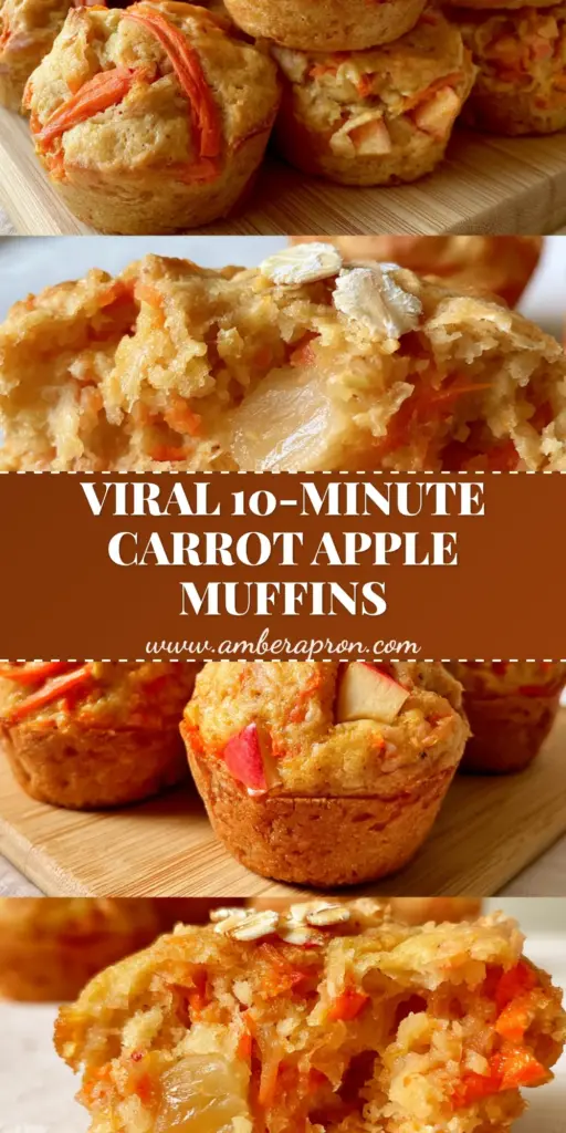 A vertical split-screen showing a stack of golden-brown carrot apple muffins on a wooden board and a macro close-up of a steaming muffin broken in half.