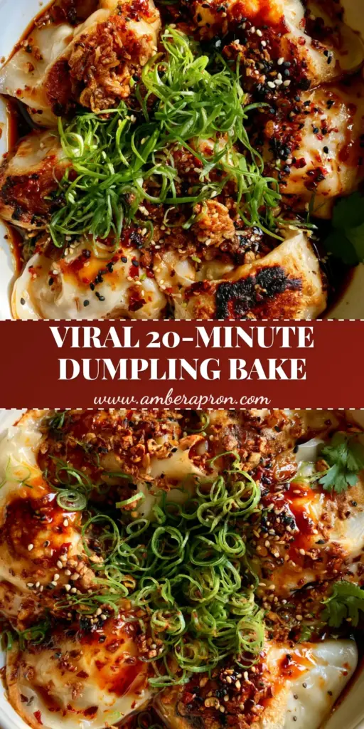 A vertical shot of a Trader Joe's dumpling bake featuring golden charred soup dumplings drizzled in red chili oil with fresh scallions and cilantro.