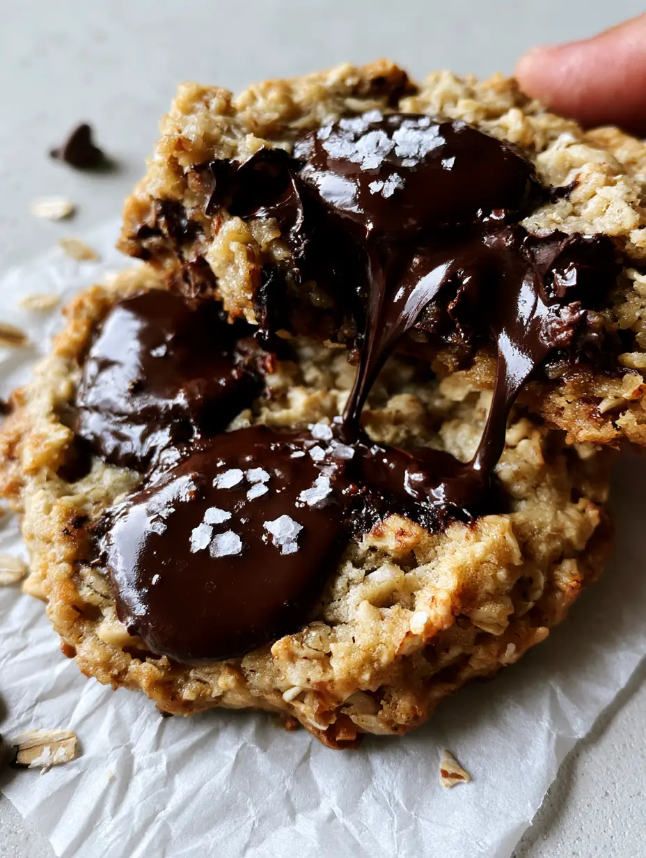 High-angle close-up of a thick Oatmeal Chocolate Chip Cookie being pulled apart to reveal a doughy center and chocolate strings.