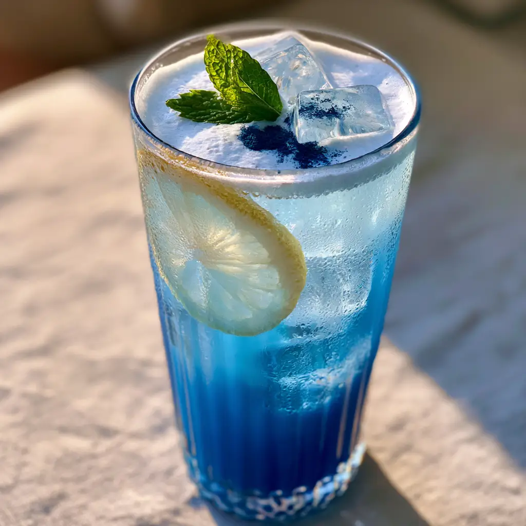 Close up of clear ice cubes and mint in a blue superfood juice tonic.