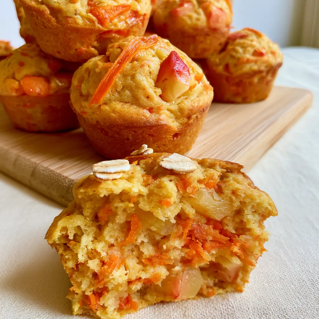 Extreme macro close-up of a carrot apple muffin broken in half, showing a steaming, ultra-moist interior with translucent apple chunks and shredded carrots.