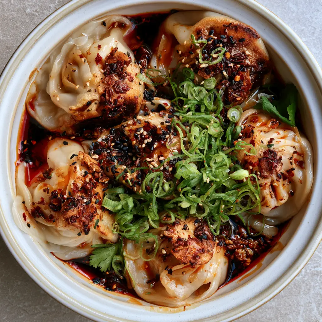 A close up of the charred golden bottoms of the Trader Joe's dumpling bake with toasted sesame seeds and vibrant scallions.