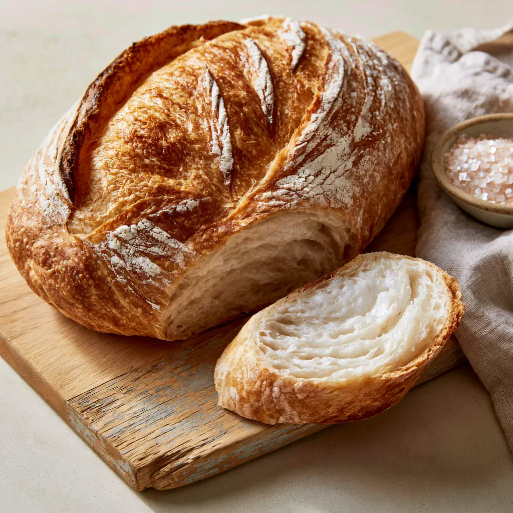 Close up of the artisan flour dusting and scoring marks on a deep golden-brown French bread loaf.