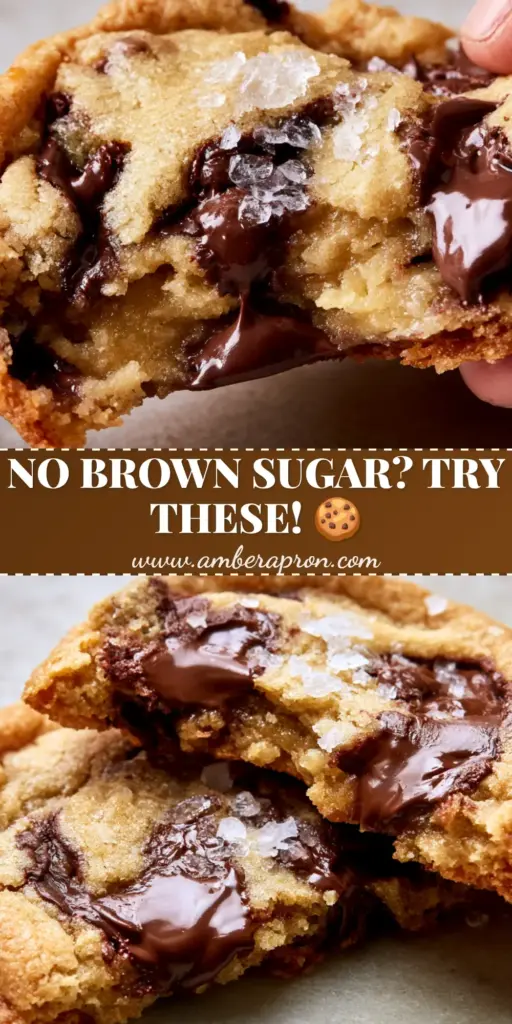A thick chocolate chip cookie no brown sugar broken in half to show a gooey center and molten dark chocolate pools.